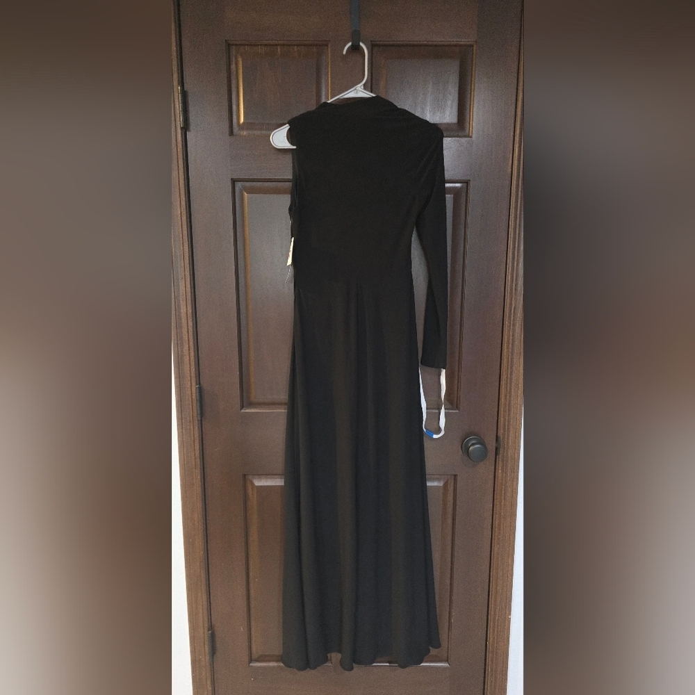 Betsy & Adam Asymmetric-Neck One-Sleeve Gown Dress Black Side Slit  Size 4 NWT - Picture 4 of 10